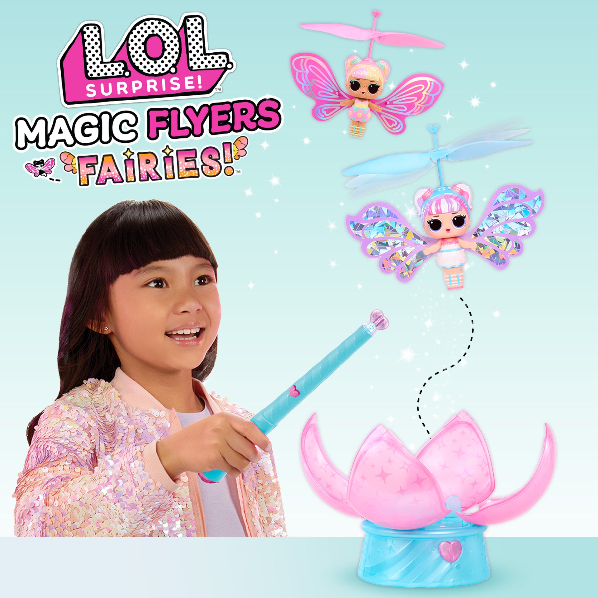 Girl playing with LOL Surprise! Magic Flyers Fairies toy set on a light blue background