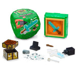 Minecraft mini collectible set with green box, sword, chest, and other items on a white background