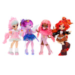 Four Mini fashion dolls standing side by side on a plain white background, each with long colorful hair and elaborate outfits in pastel pink and blue, pink and purple, orange and black and pink.