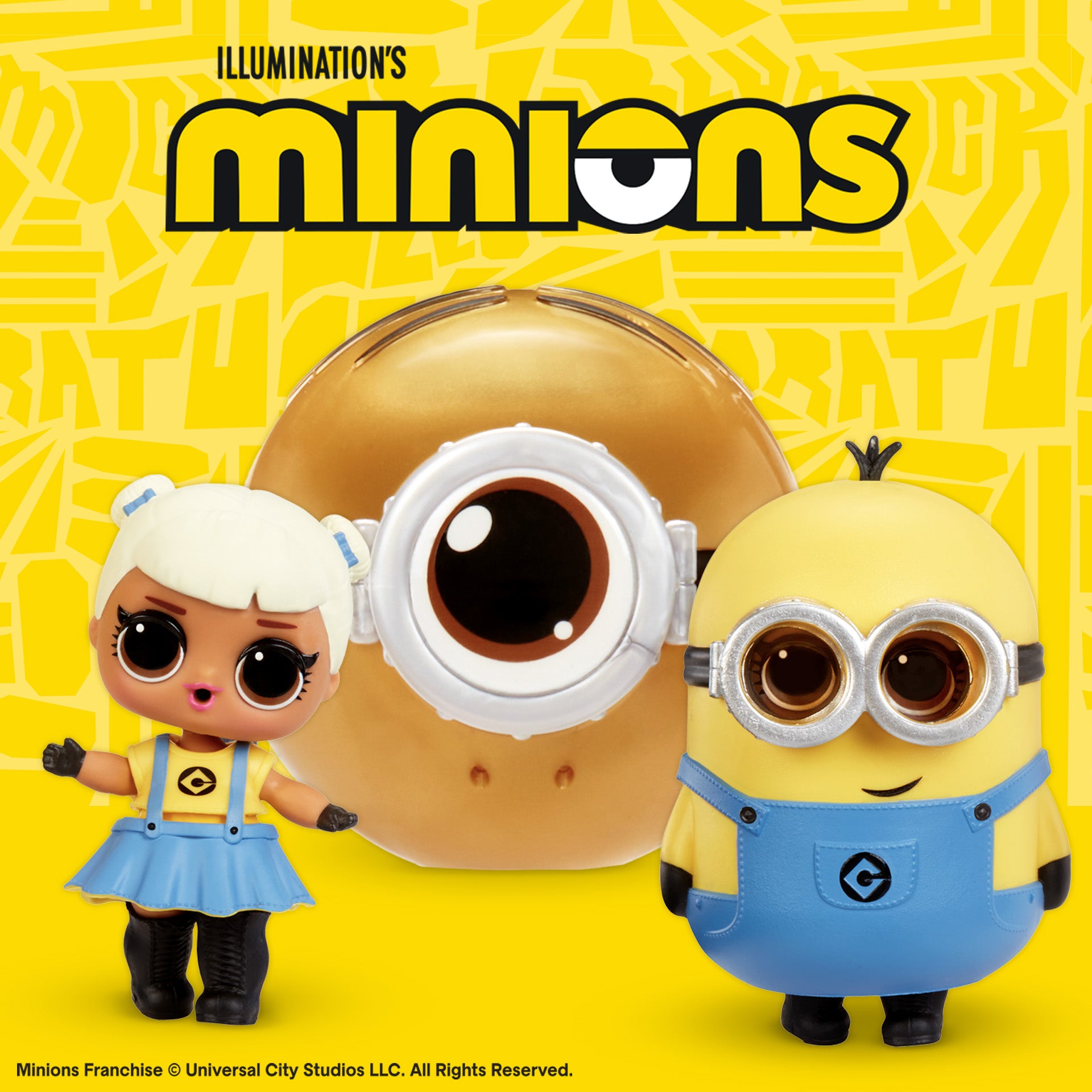 Minion toys with a large eye ball on a yellow background with 'Illumination's Minions' text.