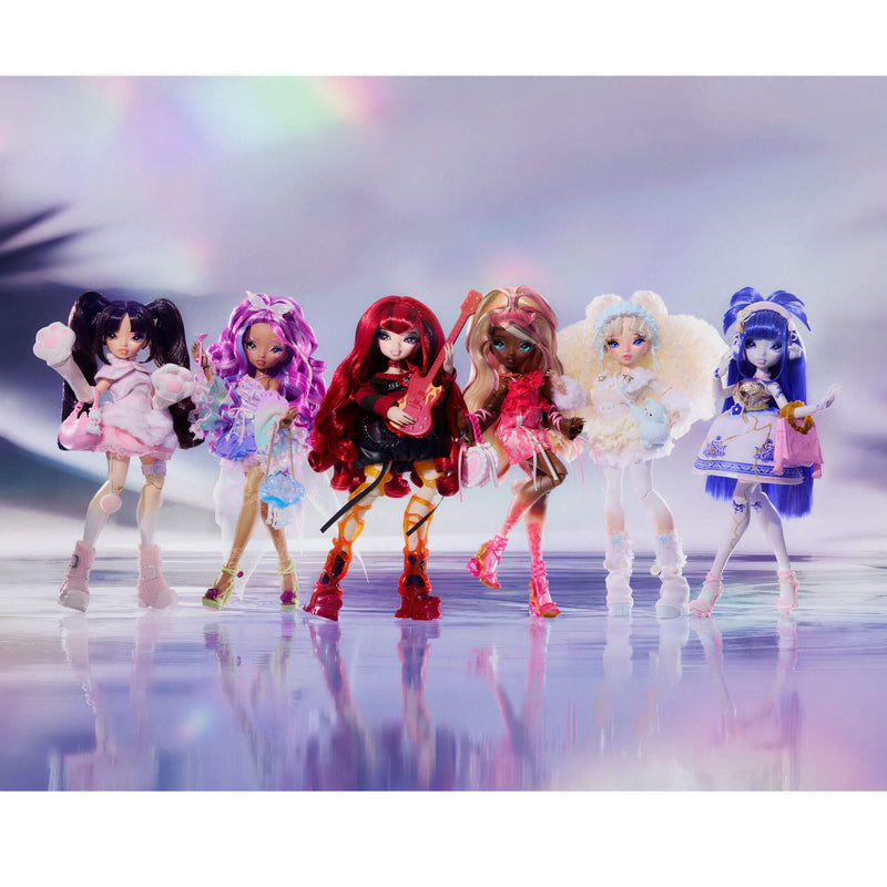 Six dolls with colorful clothes and accessories on a mirror like background