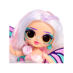 Colorful doll with pink and purple hair and a butterfly costume on a white background