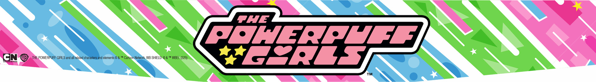 Logo of The Powerpuff Girls with colorful diagonal stripes in the background