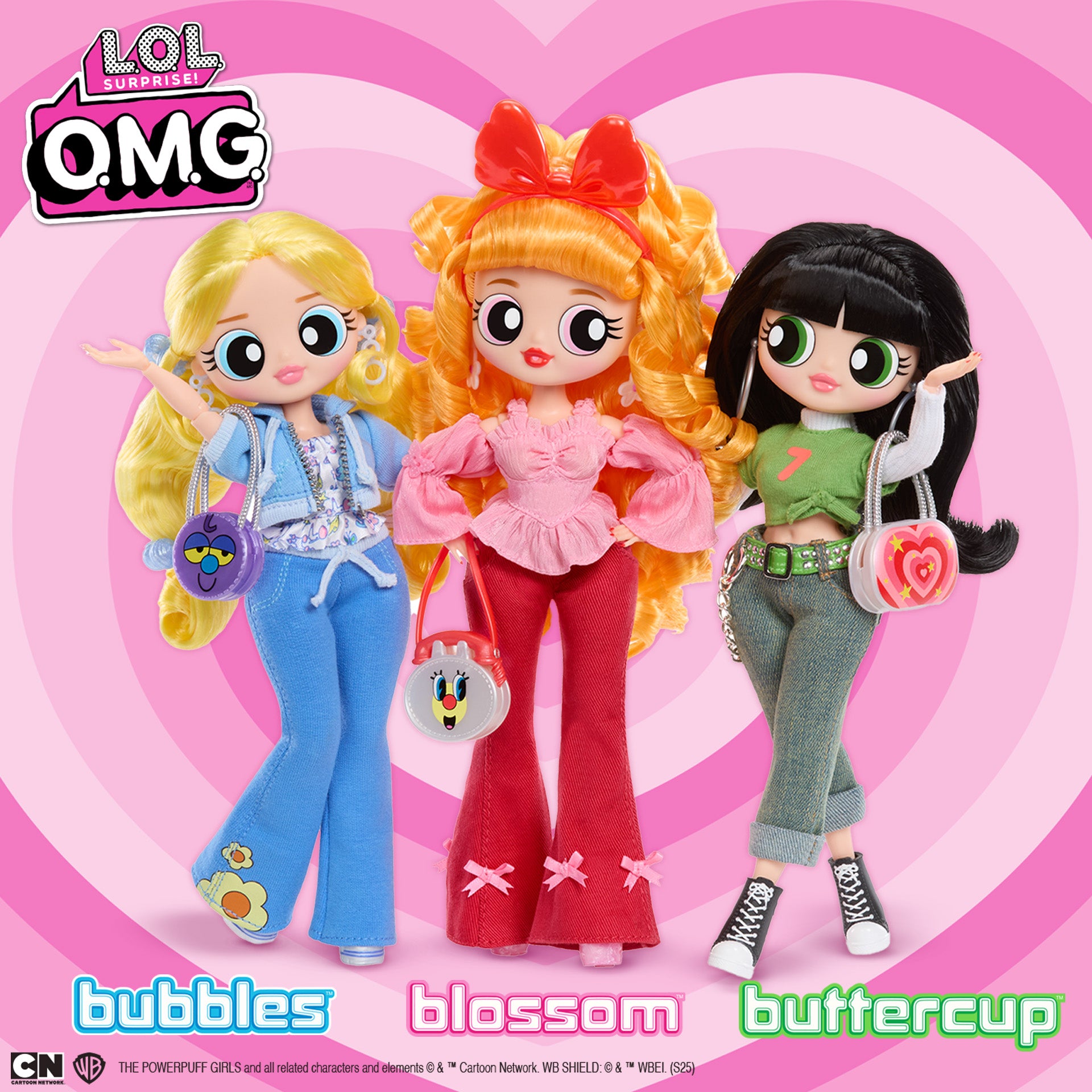 Three dolls named Bubbles, Blossom, and Buttercup from the LOL Surprise! O.M.G. series on a pink heart-shaped background.