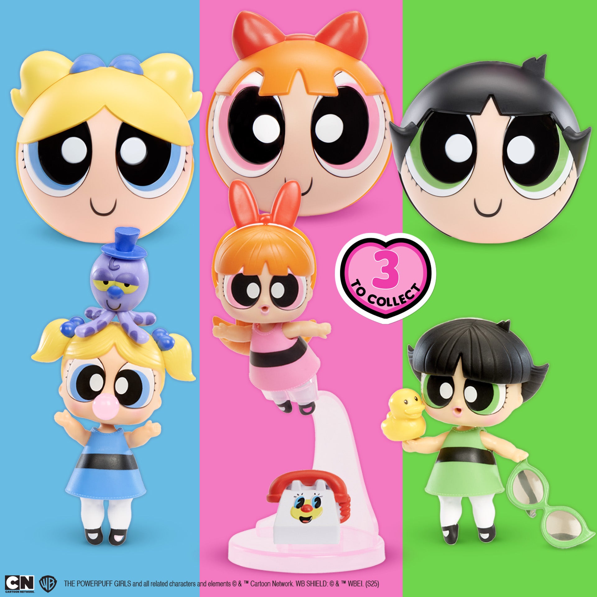 Set of Powerpuff Girls figurines on a colorful background