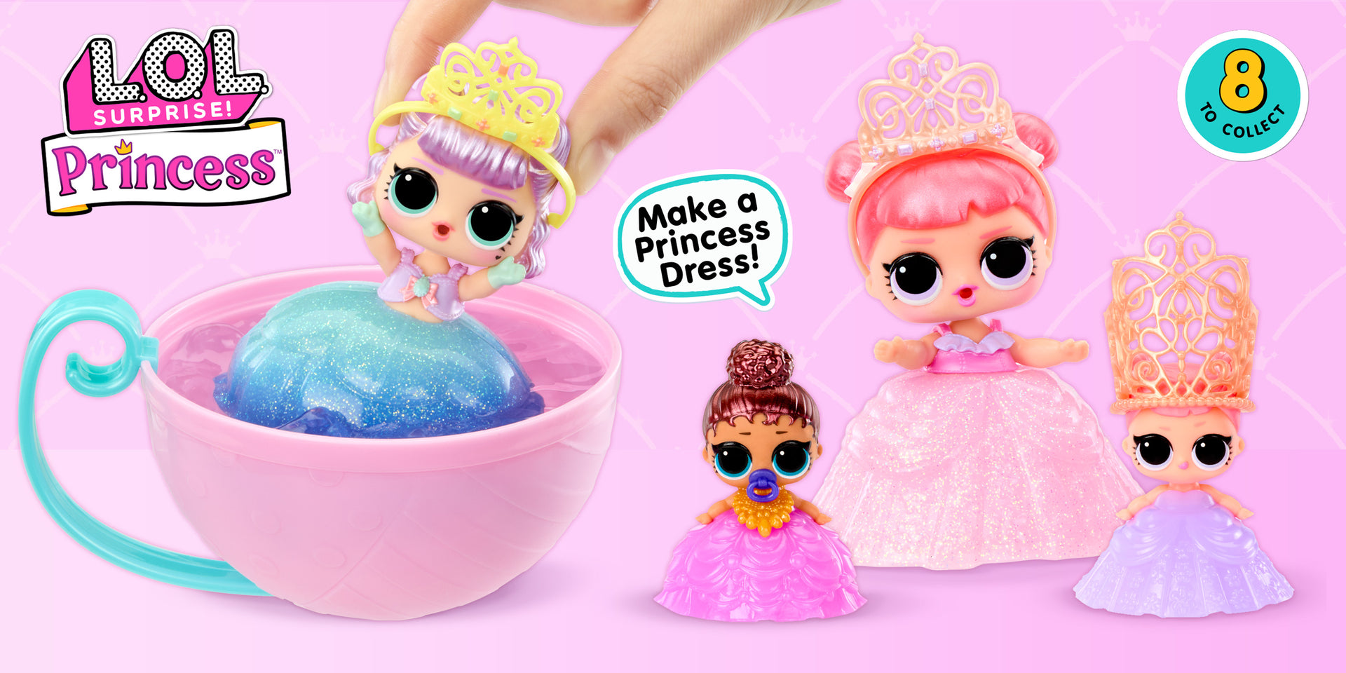 Toy dolls in princess outfits with a pink background