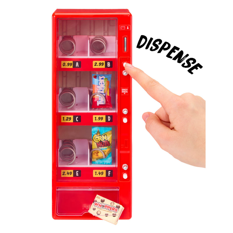 Vending machine with snacks and a hand pressing the 'Dispense!' button.