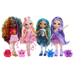 All four Shimmer dolls with colorful hair and outfits, each accompanied by their pets, on a white background.