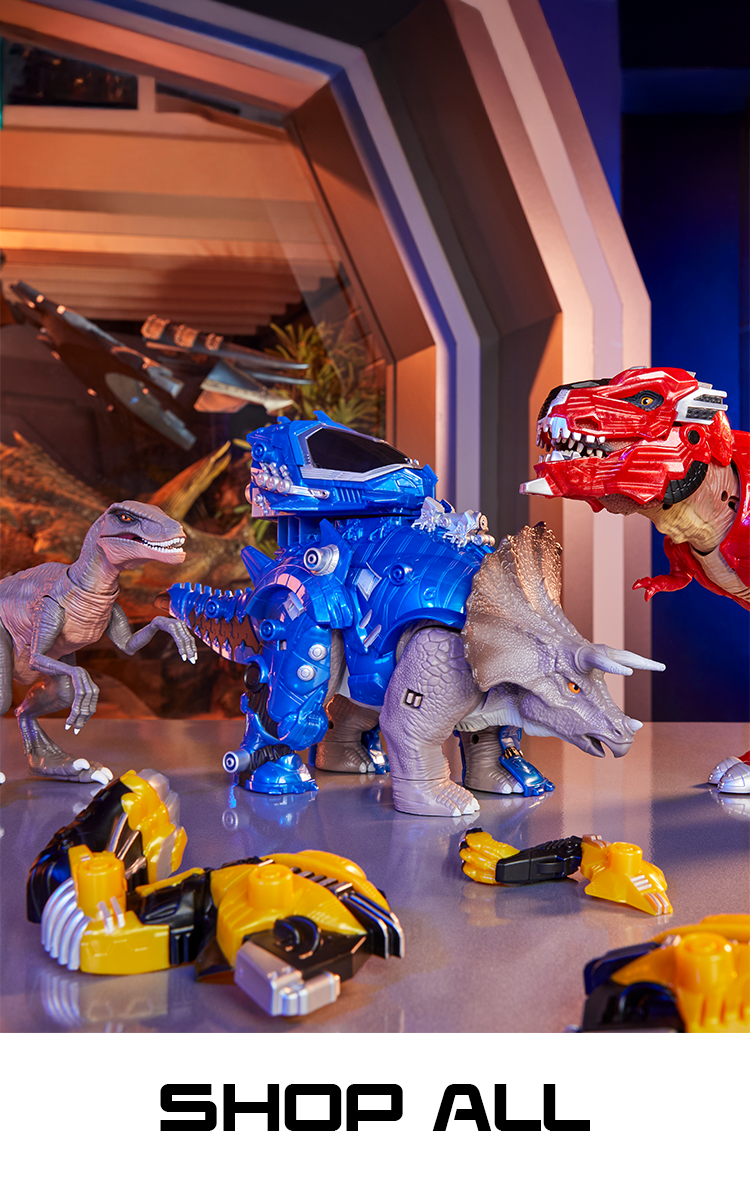 Toy dinosaurs with various poses and colors on a metallic surface. Click to Shop All Armorsaurs