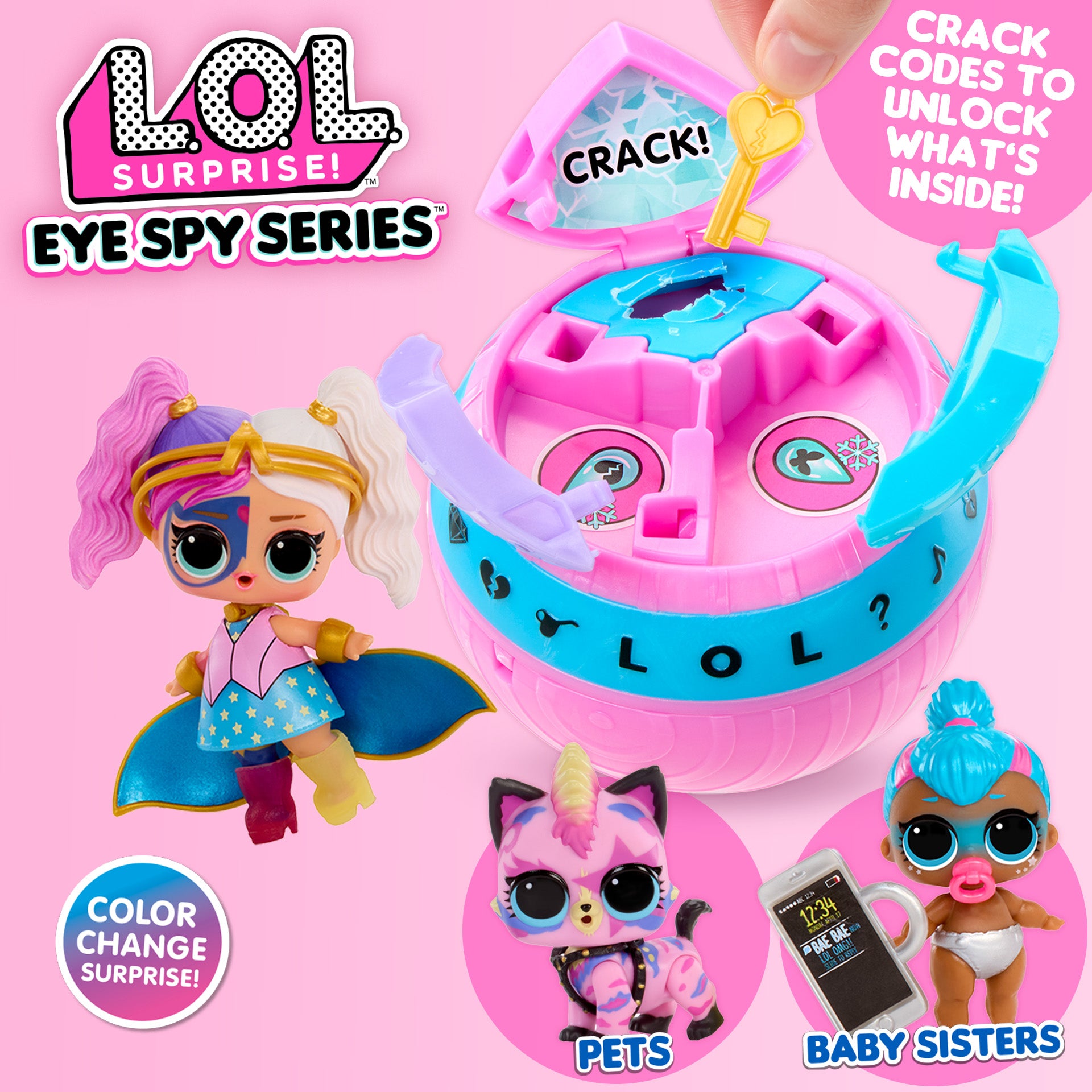 LOL Surprise! Eye Spy Series toy set with dolls and pet on pink background