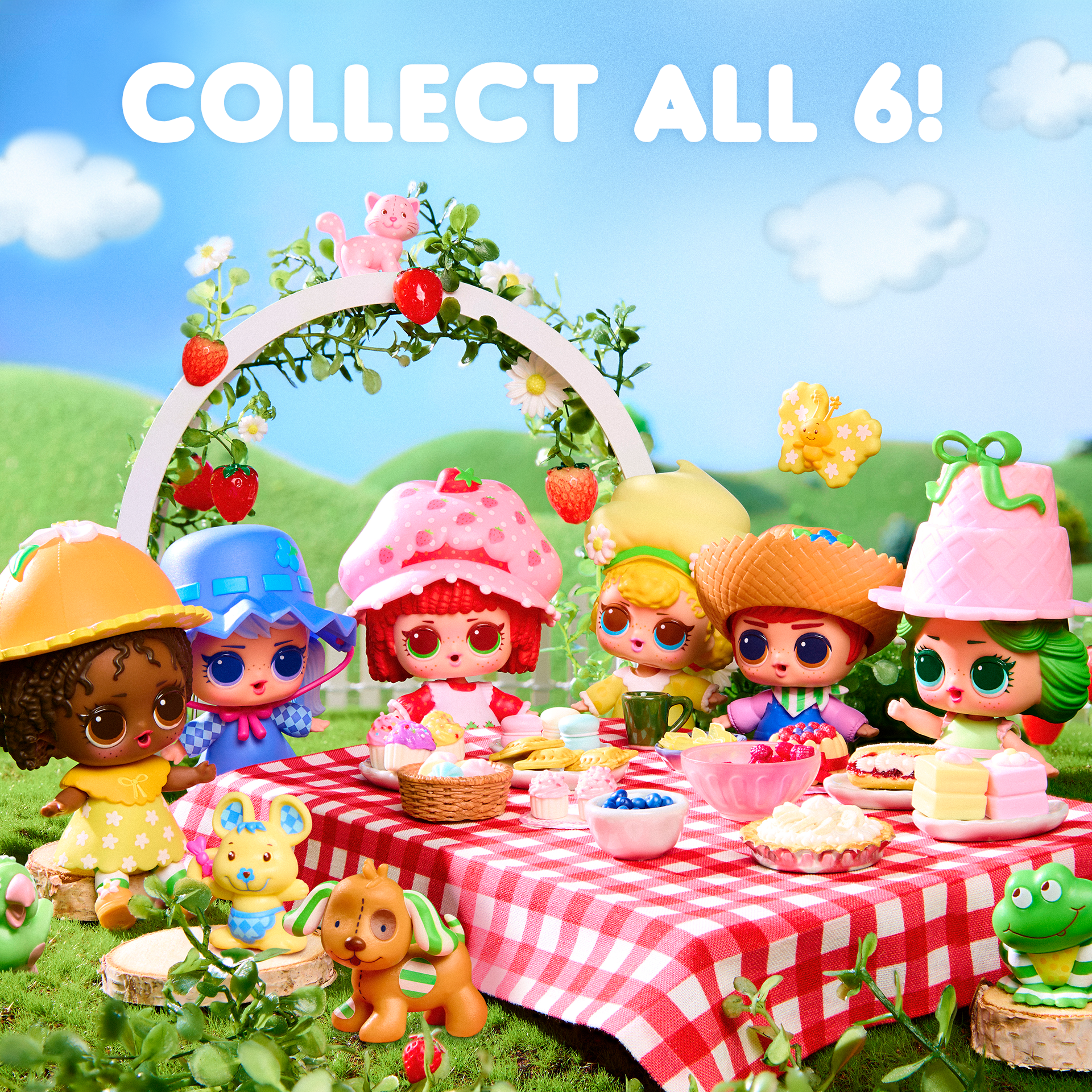 Strawberry shortcake figures around a picnic table with a scenic background, featuring text 'Collect All 6!'.