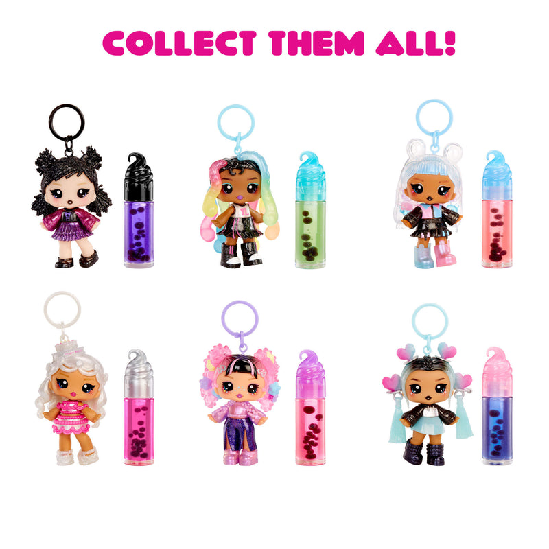 All six colorful keychains with dolls and bottles on a white background, featuring text 'Collect Them All!'.
