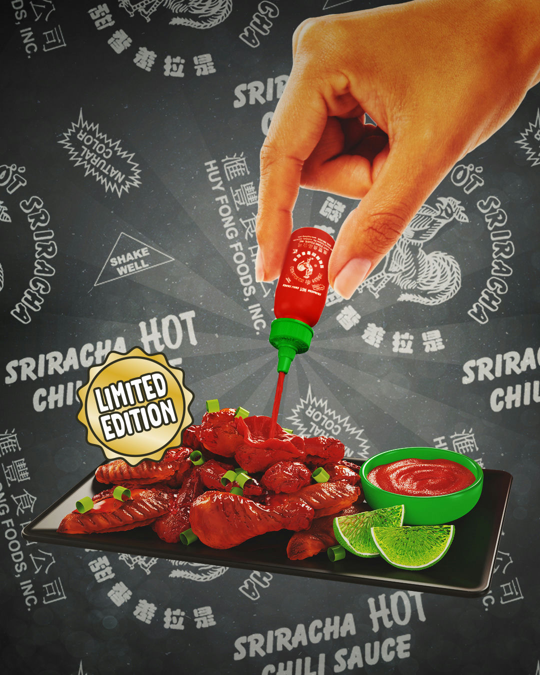 Hand pouring Miniverse Sriracha hot chili sauce onto food with a limited edition label on a dark background.