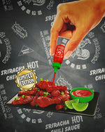 Hand pouring Sriracha hot chili sauce onto food with a 'Limited Edition' label on a branded background.
