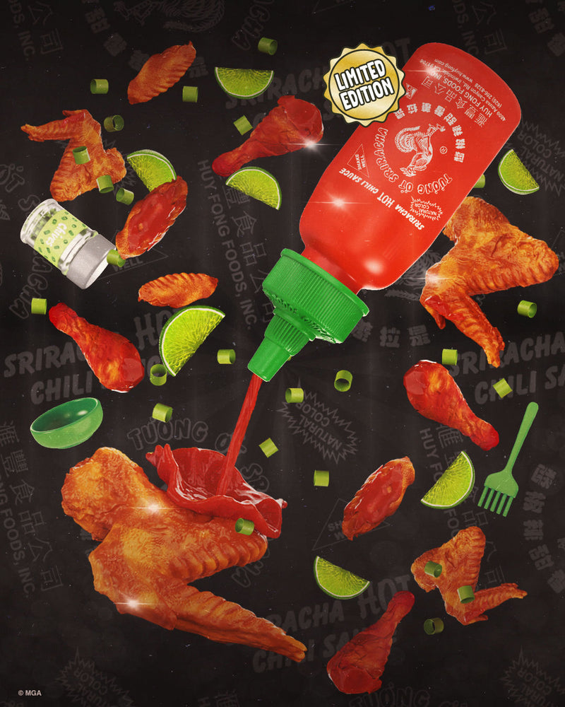 Red chili sauce bottle being poured over fried chicken on a dark background with text and graphics.