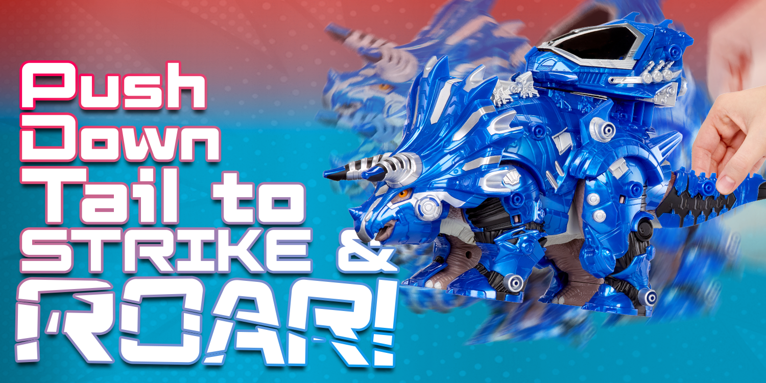 Toy dinosaur with instructions to push down tail to strike and roar on a blue background