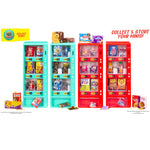 Two teal and two red vending machines, with food and pet food inside them set up in the middle of the image. Miniverse Real Brands Ball label on the upper left side with a yellow background in red letters COLLET MORE. On the right side ‘COLLECT & STORE YOUR MINIS!’ in red.