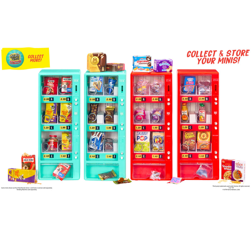 Two teal and two red vending machines, with food and pet food inside them set up in the middle of the image. Miniverse Real Brands Ball label on the upper left side with a yellow background in red letters COLLET MORE. On the right side ‘COLLECT & STORE YOUR MINIS!’ in red.