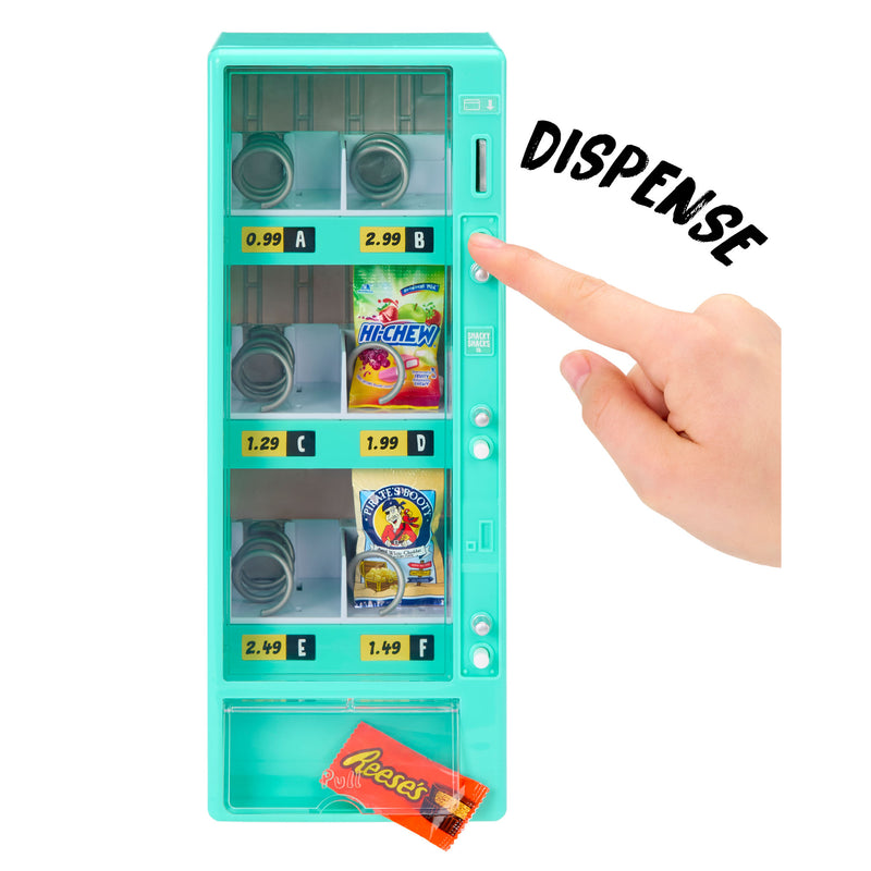 Vending machine with snacks and a hand pressing the 'Dispense!' button.
