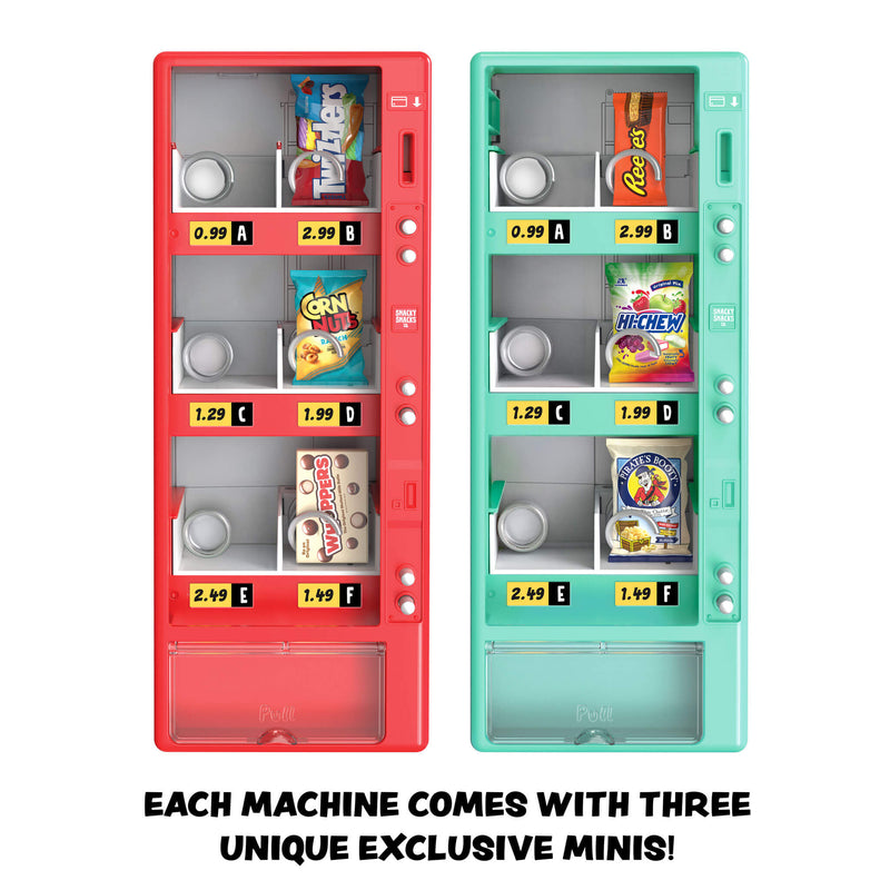 Two mini vending machine style snack boxes shown side by side on a white background, one red and one teal each stocked with candy and chips. Text below reads: 'EACH MACHINE COMES WITH THREE UNIQUE EXCLUSIVE MINIS!'.
