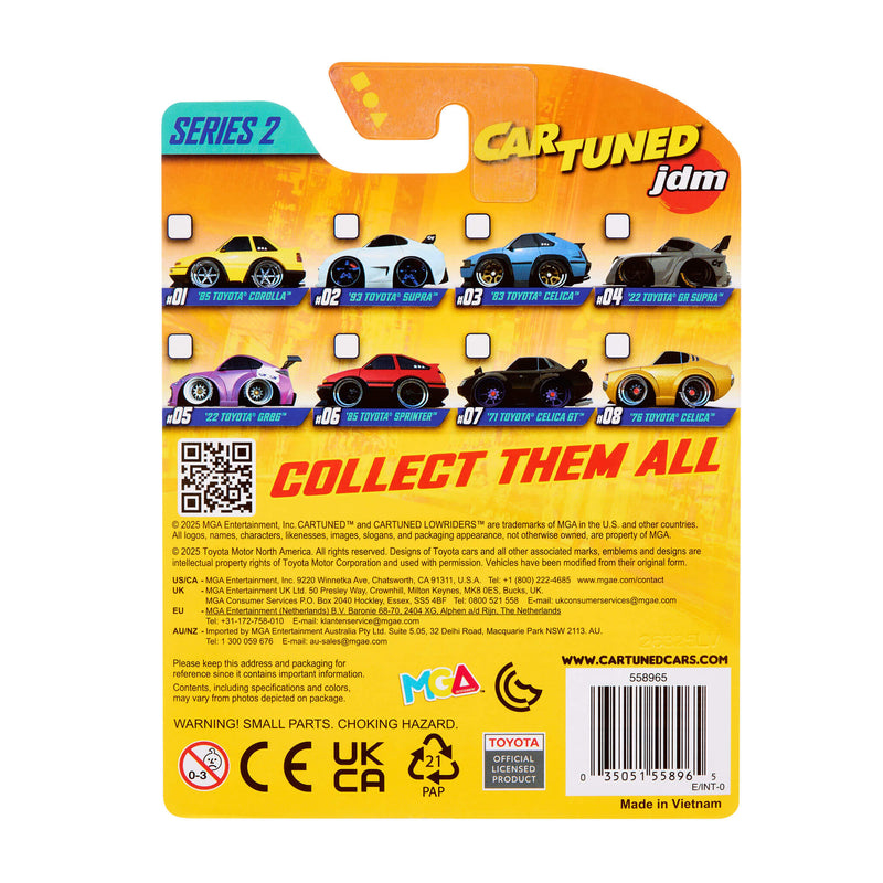 Toy car back of packaging with multiple cars on a yellow background