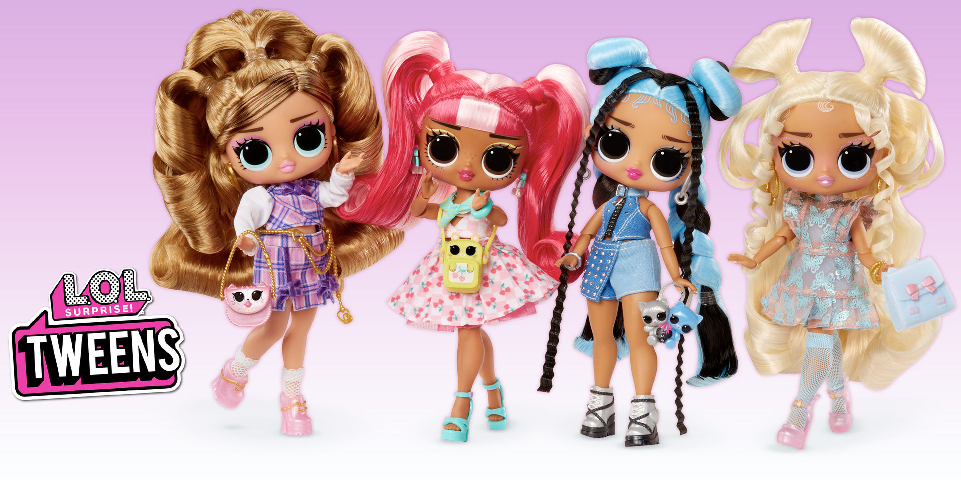 Four LOL Tweens Dolls with colorful hairstyles and outfits on a white background