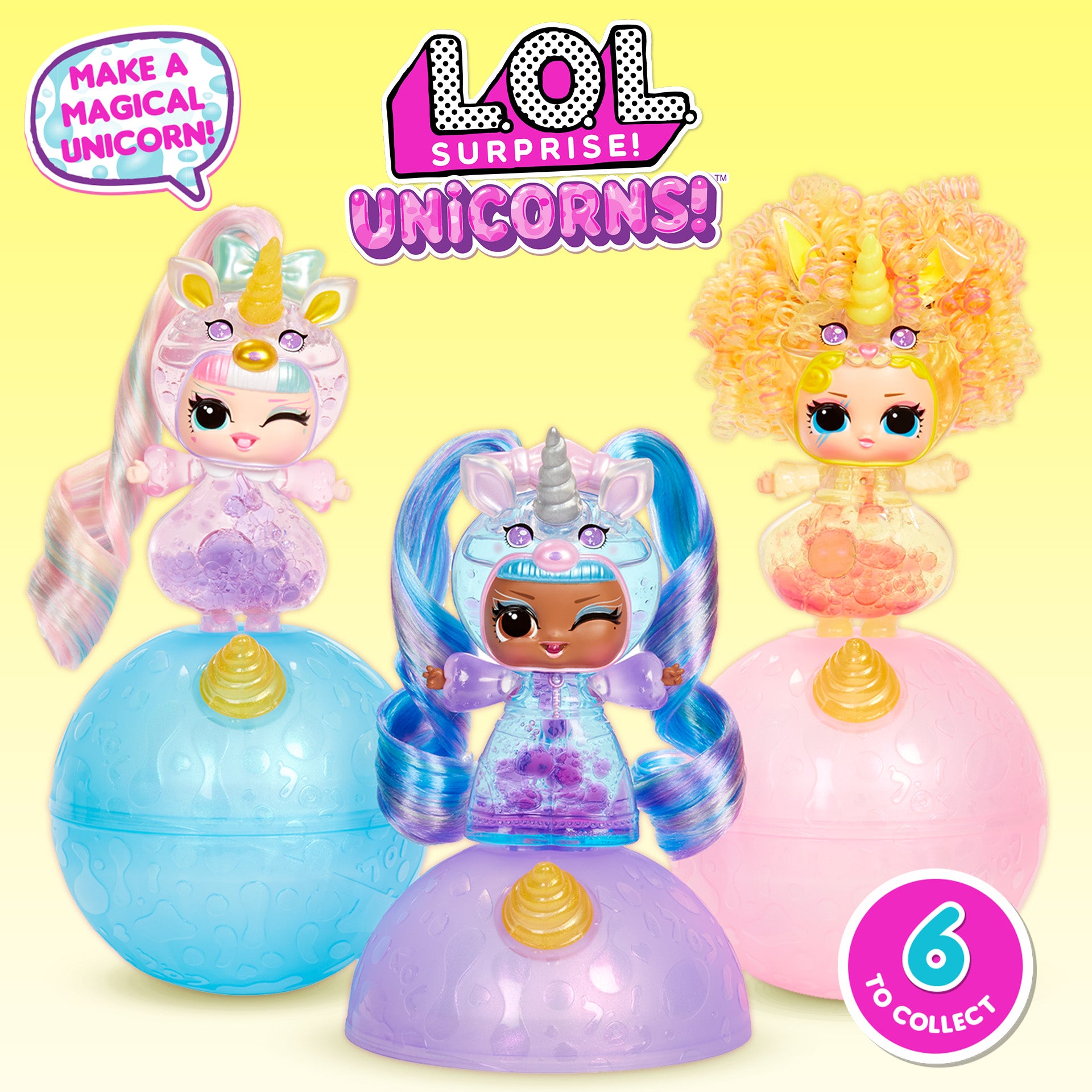 Three LOL Surprise Unicorns toys on colorful bases with packaging text on a yellow background