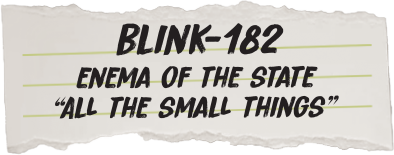  'Blink-182' text on a torn paper background song title