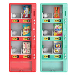 Two colorful vending machines with snacks inside on a white background