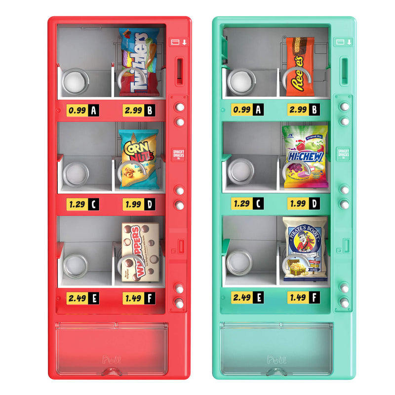 Two colorful vending machines with snacks inside on a white background