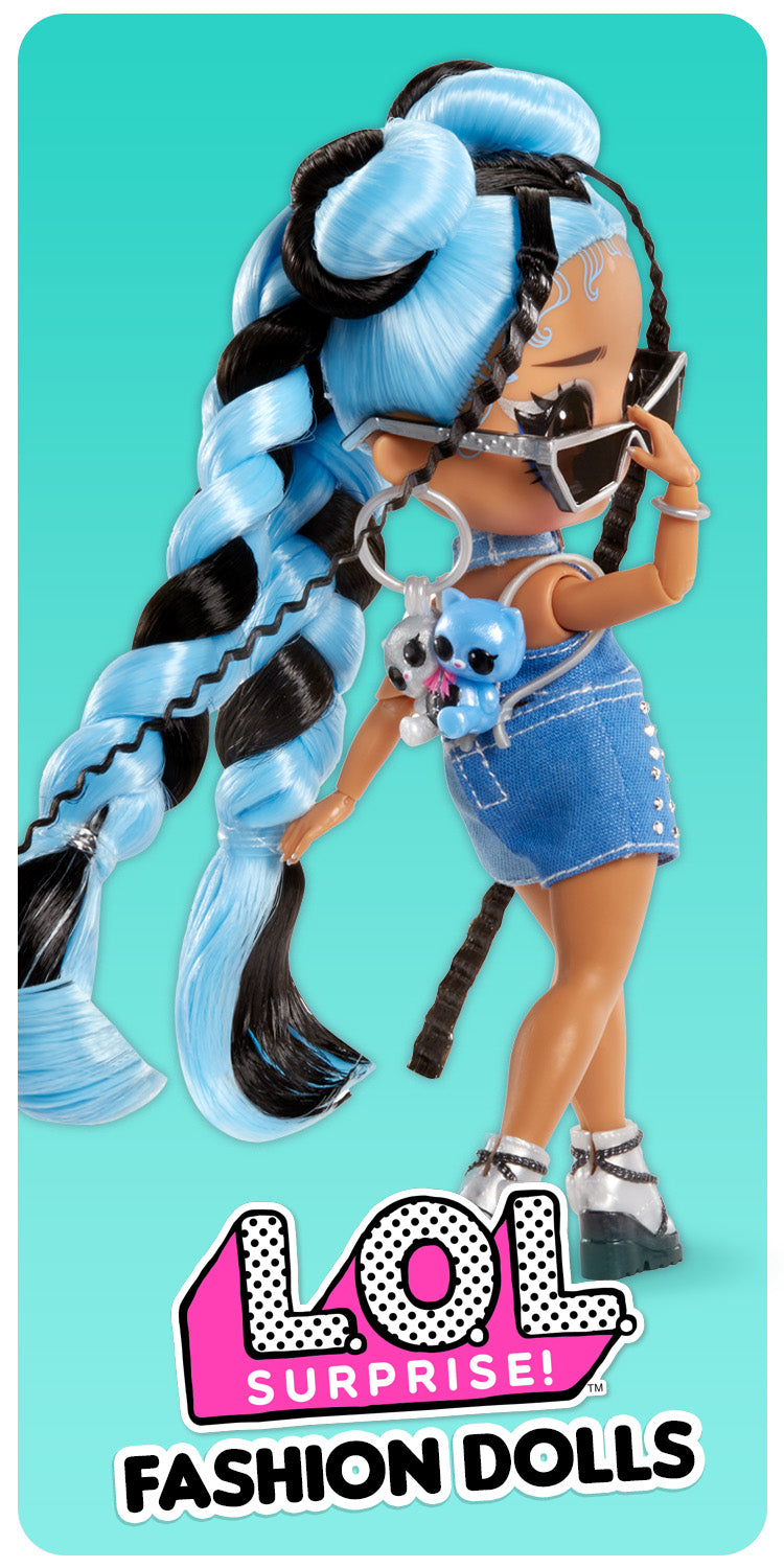 Fashion doll with blue hair and denim outfit on a teal background with LOL Surprise! branding.