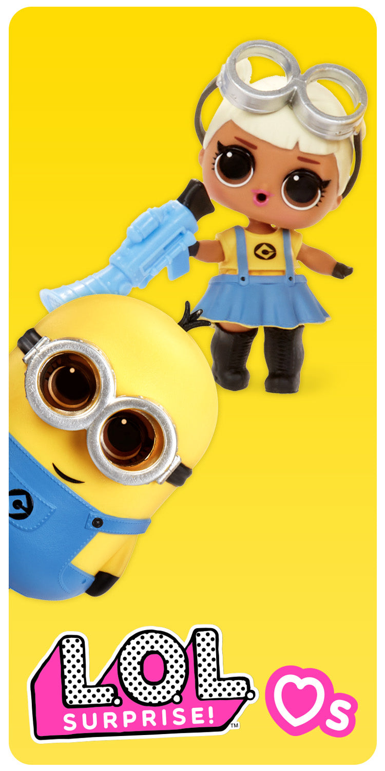 Minion and LOL Surprise doll on a yellow background with LOL Surprise logo.