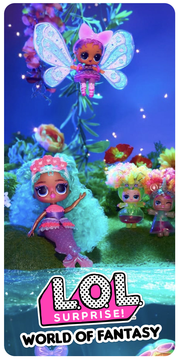 LOL Surprise! dolls in a fantasy world with colorful hair and outfits.