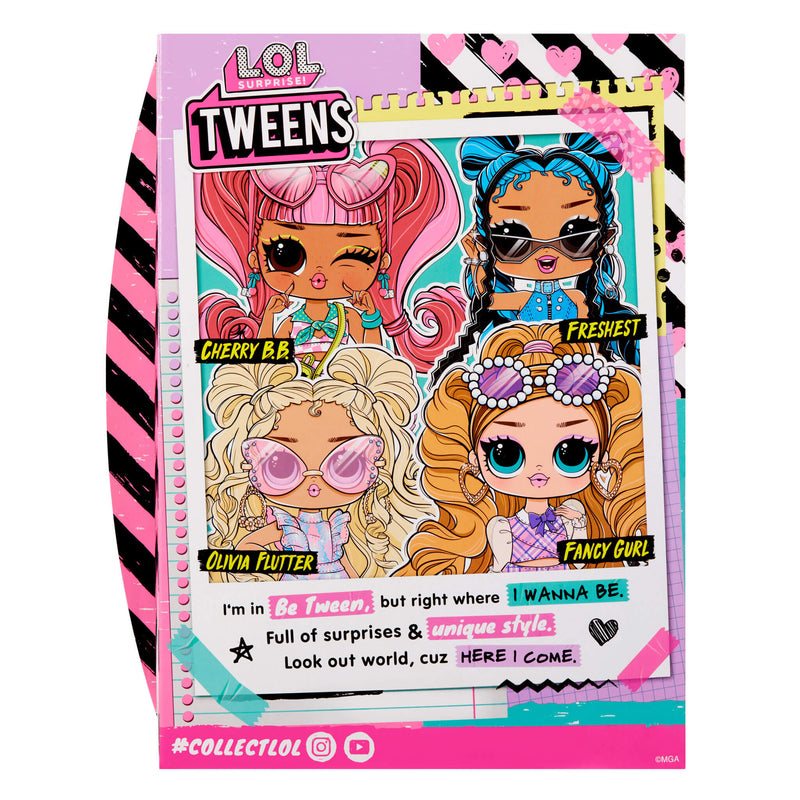 Back of packaging with Fancy Gurl, Cherry B.B., Freshest and Olivia Flutter