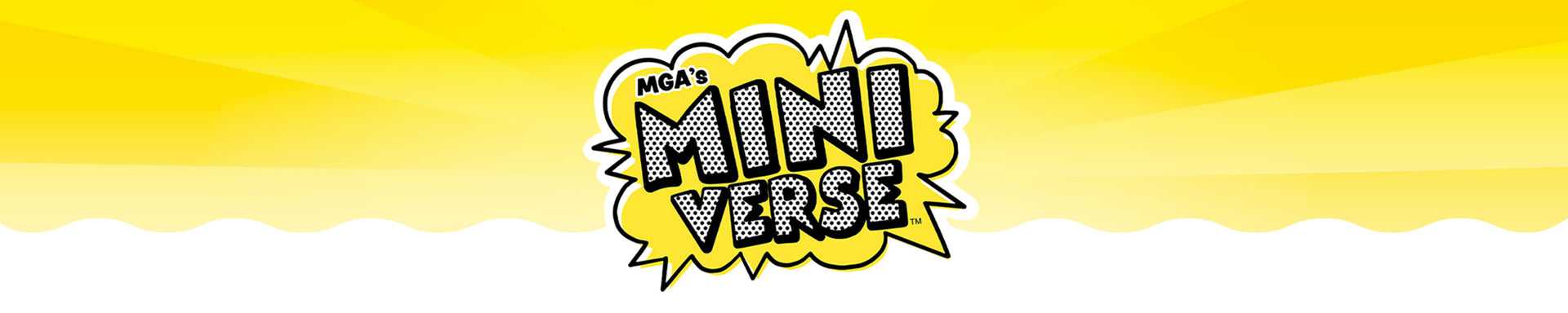 A bright yellow graphic banner with a comic-style speech bubble reading 'MGA'S MINIVERSE' in bold black and white lettering.