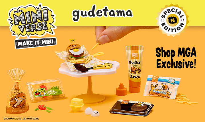 Promotional banner for Miniverse gudetama with a miniature setup and text on a yellow background
