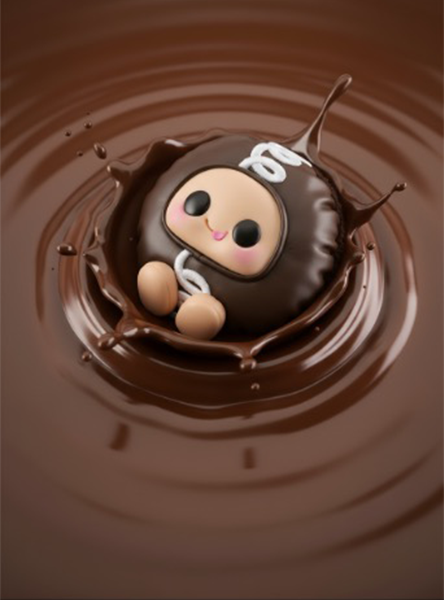 Chocolate donut with a cartoon character on top, surrounded by chocolate liquid.