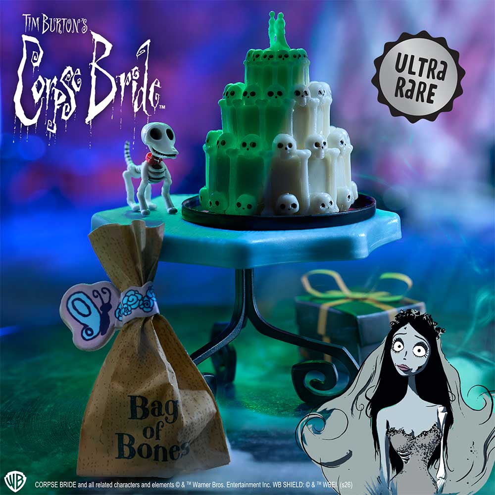 Tim Burton's Corpse Bride Ultra Rare collectible figure set, featuring a green and white ghost cake on a pedestal table, a small skeleton dog figurine, a brown 'Bag of Bones' gift bag, and an illustrated bride character in the lower right corner.