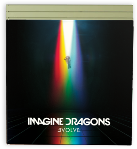 Album cover for 'Evolve' by Imagine Dragons with a rainbow and spotlight design.