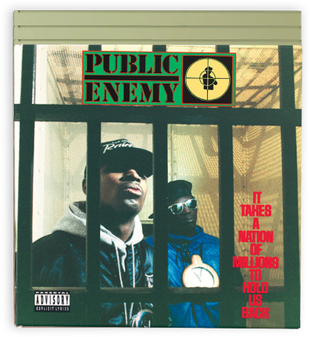 Album cover for Public Enemy's 'It Takes a Nation of Millions to Hold Us Back' with two individuals and the band's logo.